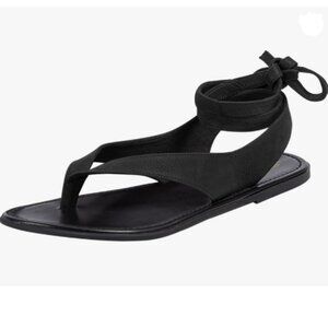 FOWT Women Split Round Toe Sandals Lace up Strappy Flats Black Flip Flop Shoes